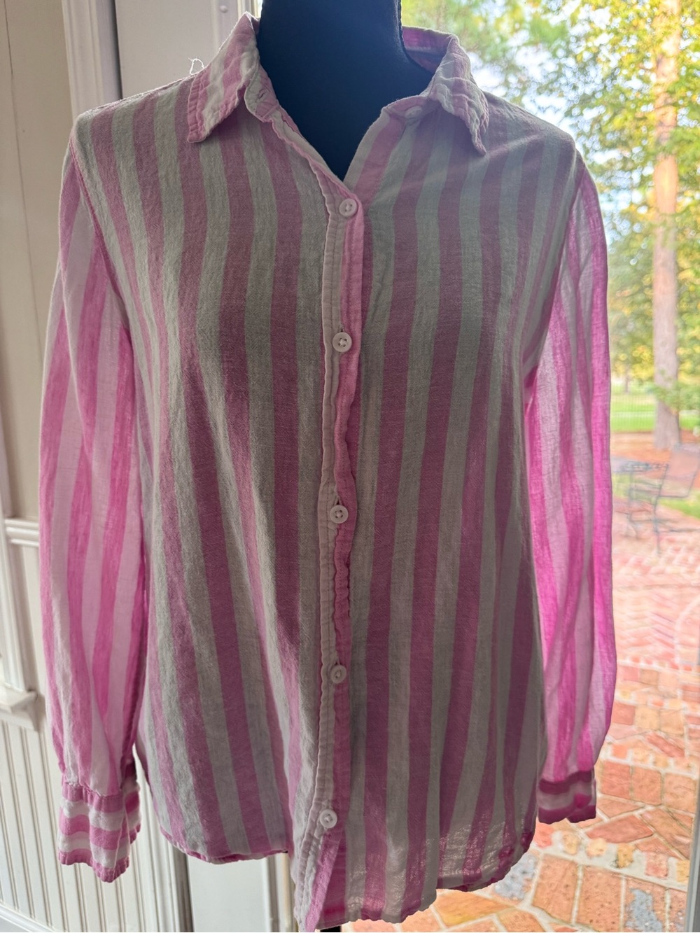 Lola River pink and white stripe long sleeve button up linen top